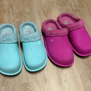 Women's Plush Slippers in Aqua and Fuchsia